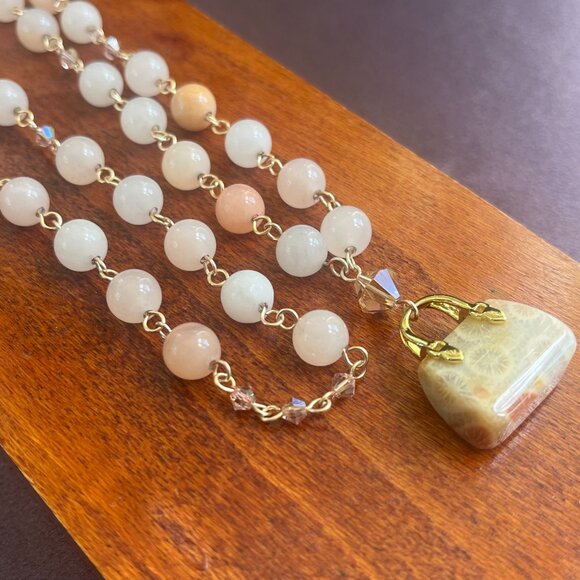 Gemstone Necklace, Peach Aventurine, Fossilized Coral Pendant, Swarovski Crystal - Picture 6 of 7